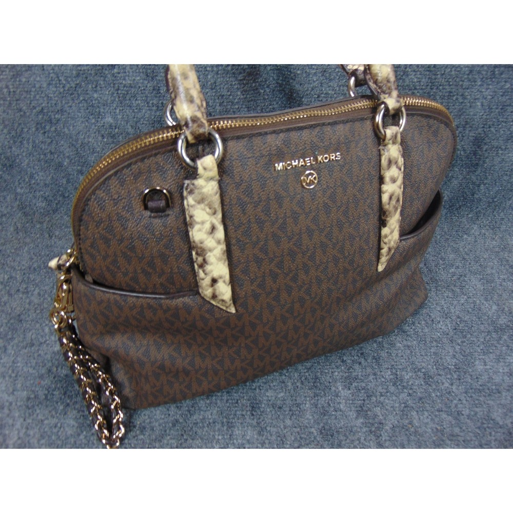Michael‎ Kors Sheila Satchel Brown Monogram Snakeskin Trim 30F0GHUS3B Large